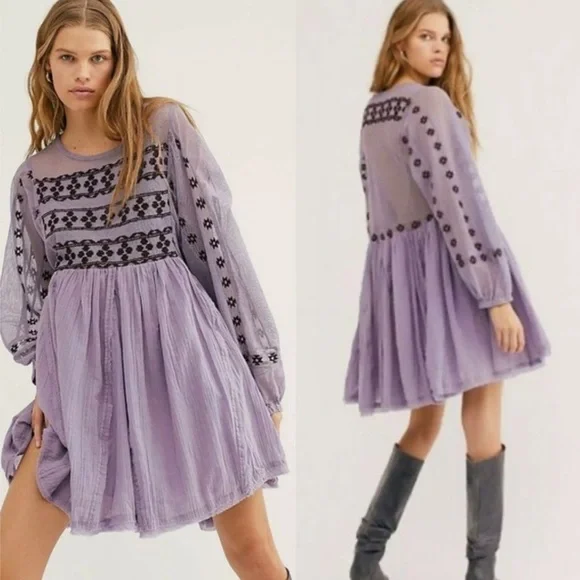 Free People | Dresses | Free People Need Me Embroidered Mini Lavender  Cottagecore Boho Tunic Dress | Poshmark